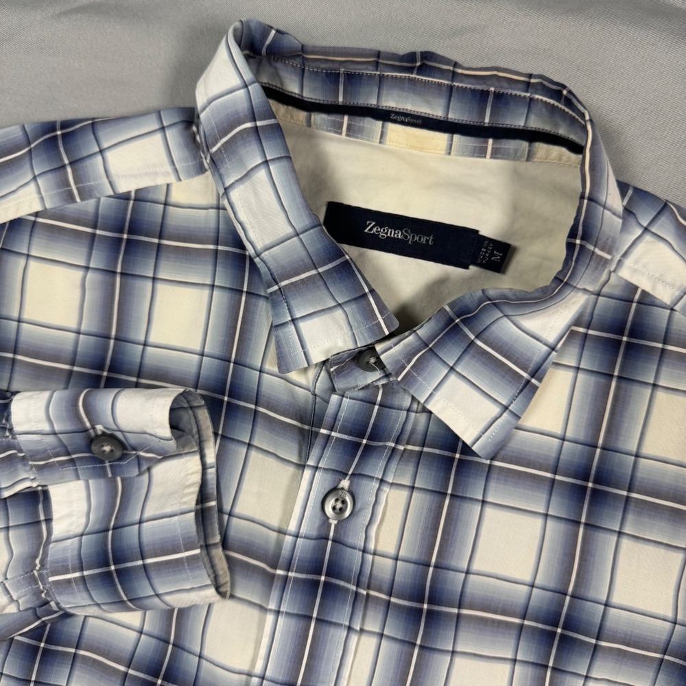 Zegna Sport Mens Plaid Button Down Long Sleeve Shirt Sz M‎ Blue White Gingham
